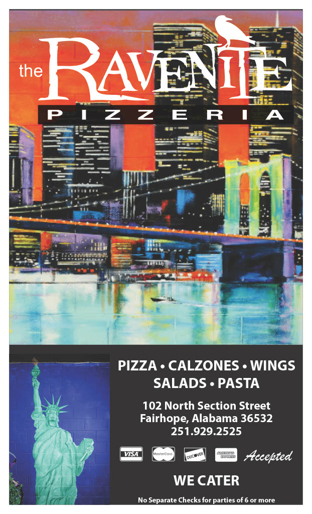 Menu Cover for The Ravenite Pizzeria. Has partial image of our wall mural along with some text with some of the dishes served along with address and phone number