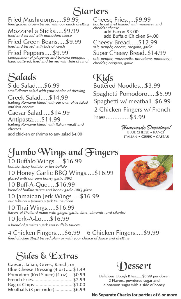 Page 2 of Menu Items - Starter, Salads, Wings, Fingers and Kids menu