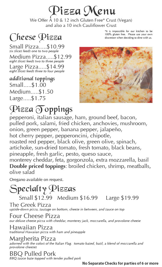 Menu Page 2 - Pizza and toppings menu