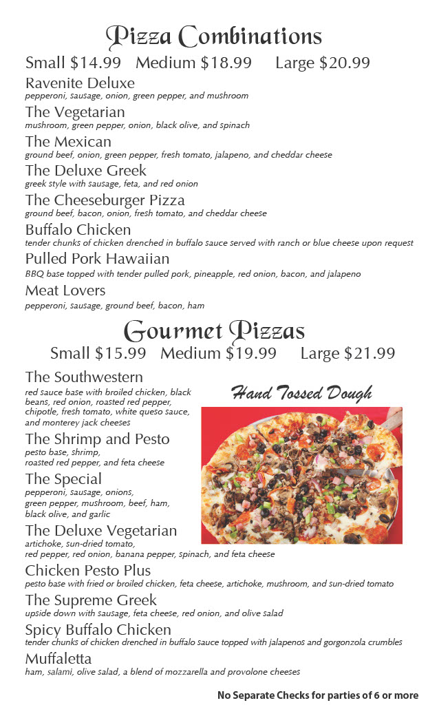 Menu page 3 - Pizza combinations and specialty pizzas.