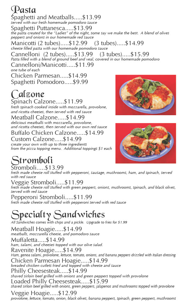 Menu page 4 - Pasta, calzones, stromboli and specialty sandwiches.