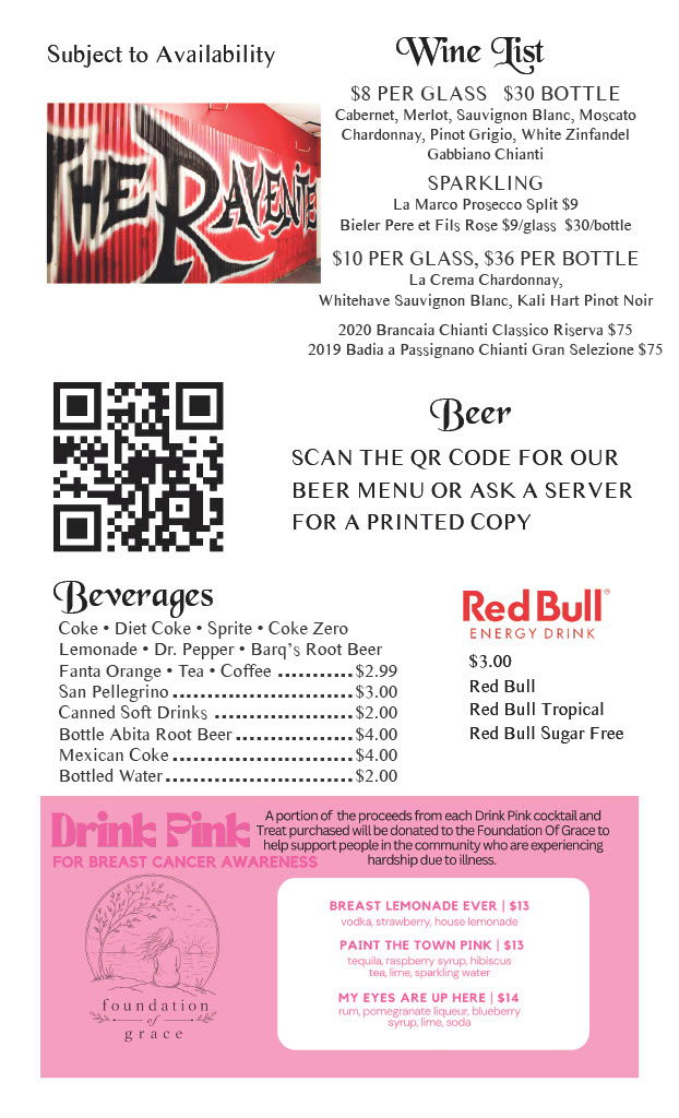 Page 6, the last page of the menu which shows pricing for wine and other beverages.